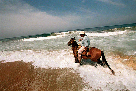 photograph: cowboy riding horse on beach